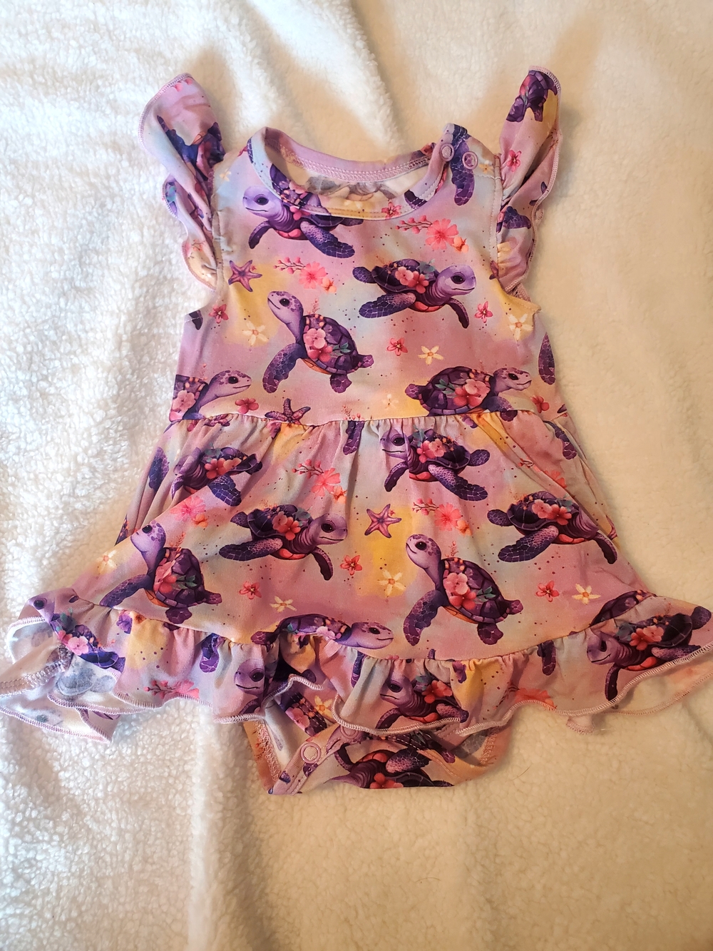Baby Girl Purple Sea Turtle Ruffle Dress Onesie